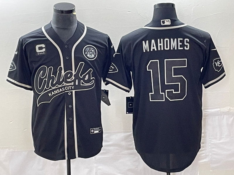 Men’s Kansas City Chiefs #15 Patrick Mahomes Black With 4-star C Patch Cool Bae Stitched Baseball Jersey